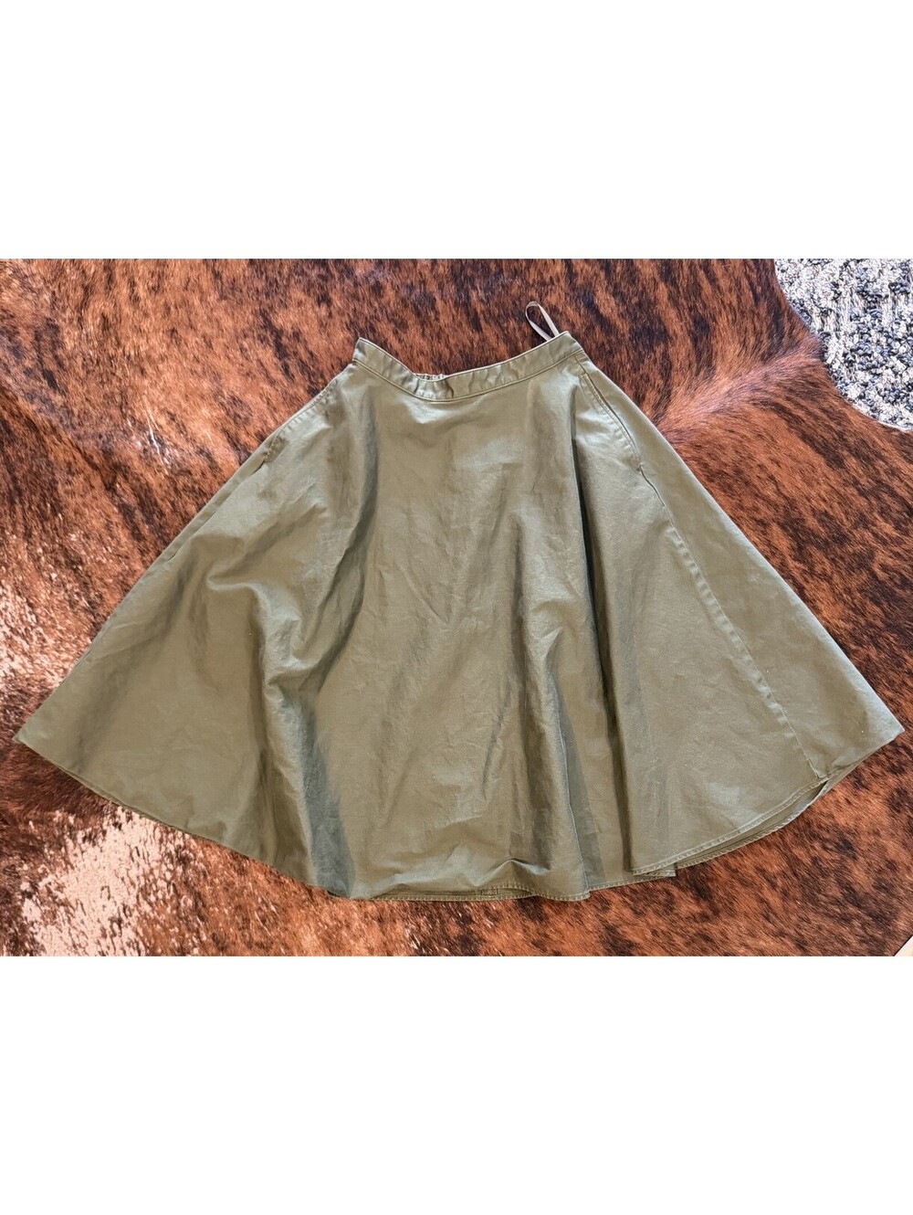 UNIQLO Olive Green Cotton Blend Flared Midi Skirt with Pockets Size S 26-27